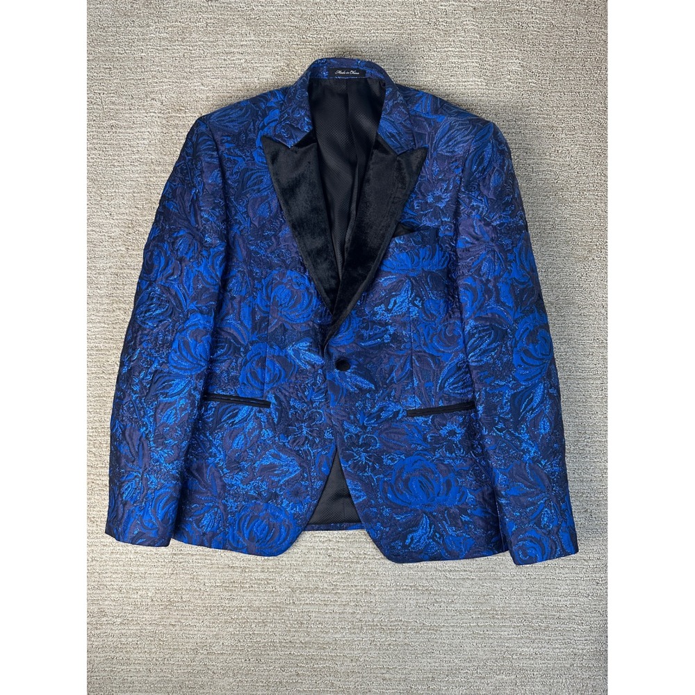 Inserch Limited Edition Mens XL Slim Fit Blue Metallic Floral Brocade Blazer 542